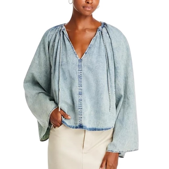 Frame Denim Tops - Frame | Women’s Shirred V Neck Denim Blouse Size XS Oversized
